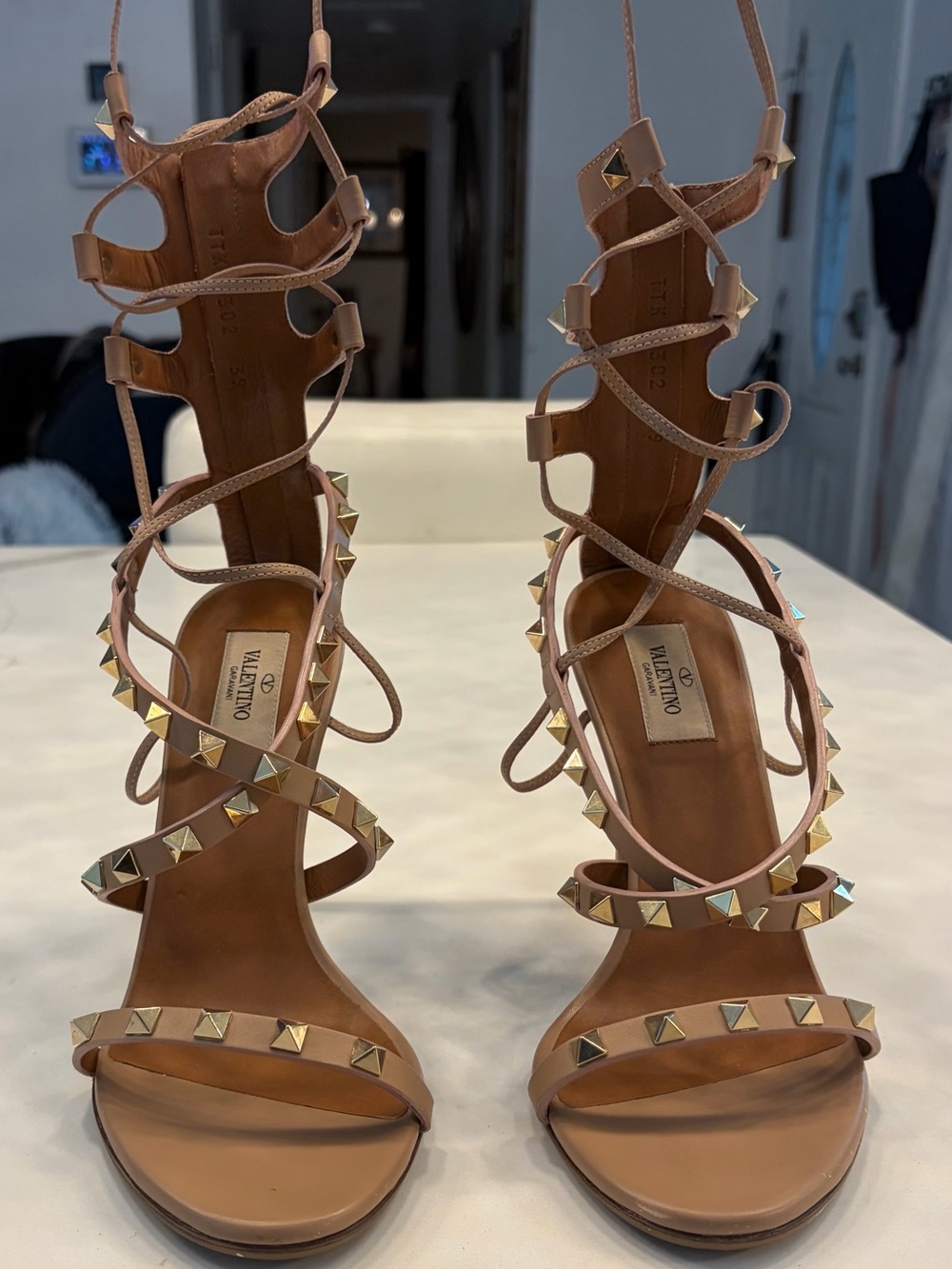 Valentino Tan Leather Studded Lace-Up Heels
